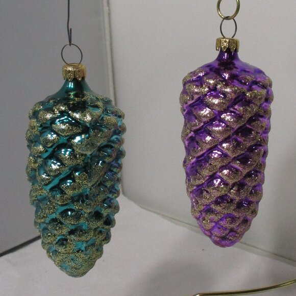Shiny Teal & Purple Pinecone Christmas Holiday Tree Ornaments with Gold Glitter - Picture 5 of 5